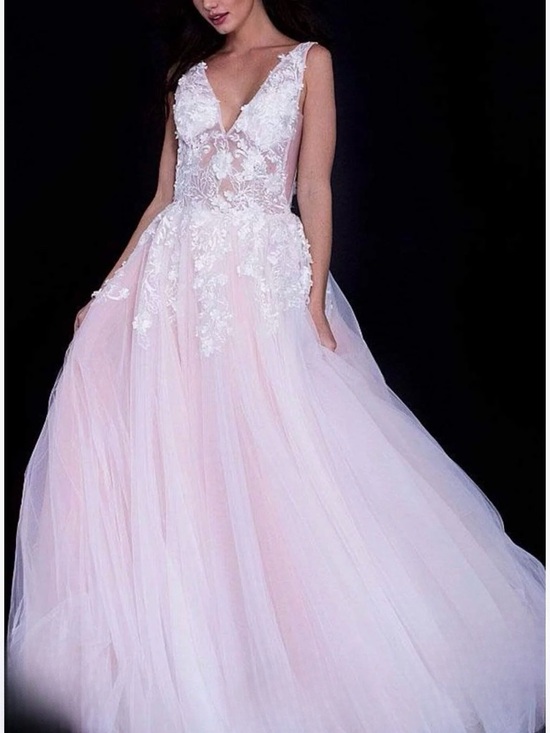 Jovani Dresses & Skirts - Jovani Blush Pink Tulle Gown with Off-White Floral Lace Appliqué